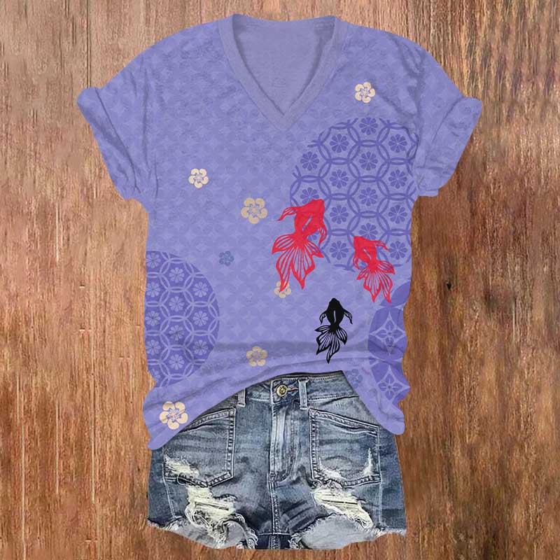 Japanese Vintage Geometric Floral & Goldfish Print V-neck T-shirt - Purple - US32-34(5XL) - image 3