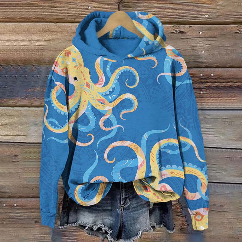Vintage Funny Ethnic Pattern Octopus Print Long Sleeve Hoodie - Blue - US44-46(8XL) - image 2