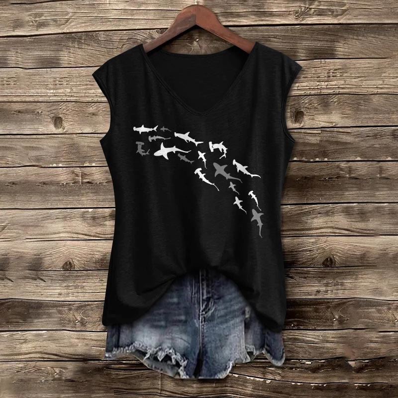 Shark Print V-neck Tank Top - Black - 5XL - image 2