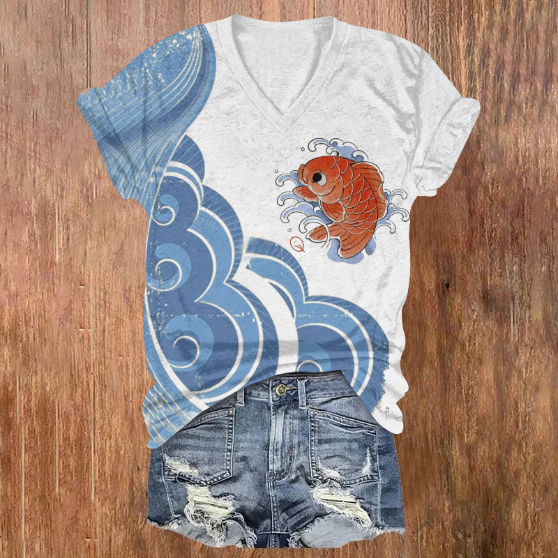 Japanese-style Sea Fish And Waves Printed Short Sleeved V-neck T-shirt - Light Gray - US32-34(5XL) - image 1