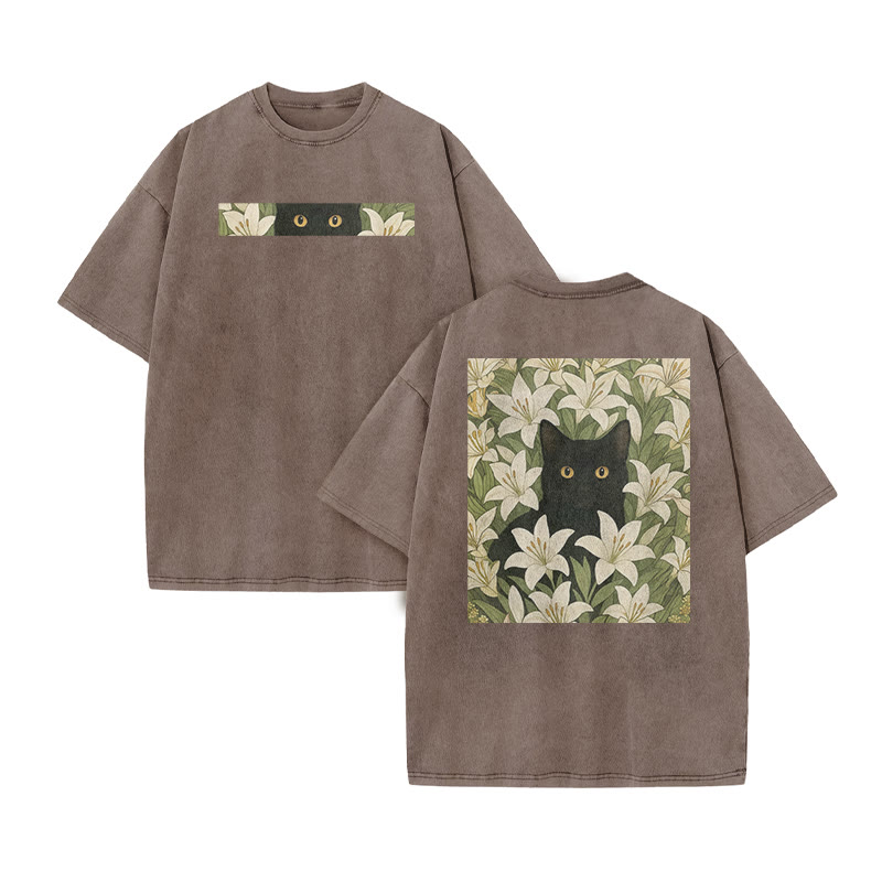 A Black Cat In A Field Of White Lilies Print Acid Washed T-shirt - Coffee - US20-22(3XL) - image 7