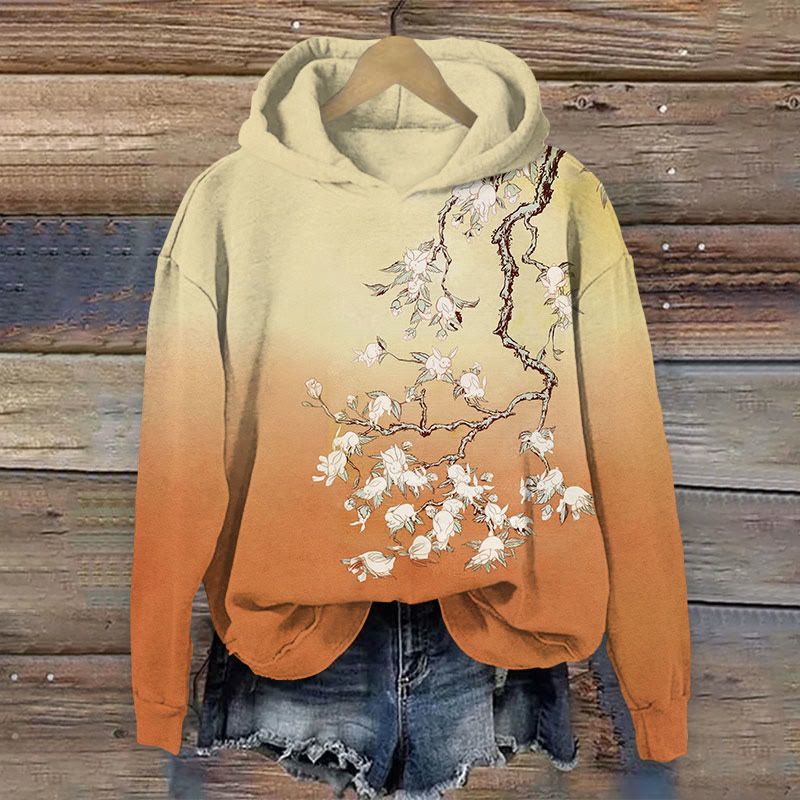 Japanese Watercolor Print Rabbits On The Tree Long Sleeve Hoodie - Orange - US44-46(8XL) - image 4