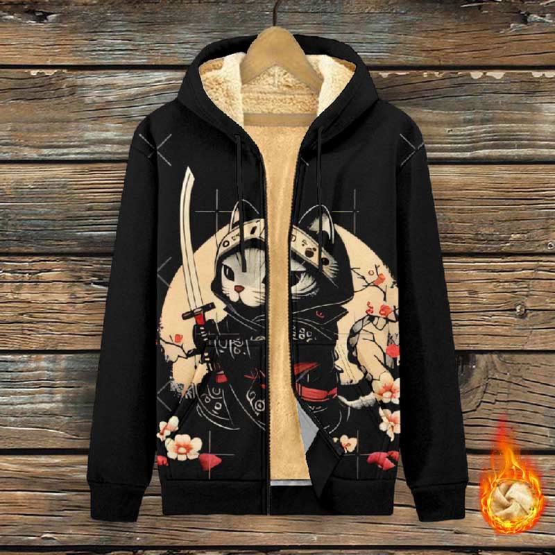Women's Japanese Samurai Cat And Sakura Print Fleece Jacket - image 2