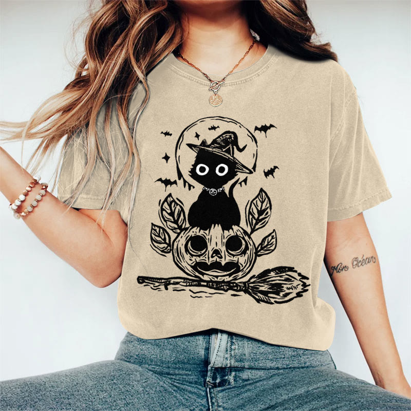 100% Cotton Women's Halloween Ink Watercolor Pumpkin Cat Art Print Casual T-shirt - Khaki - 2XL - image 2