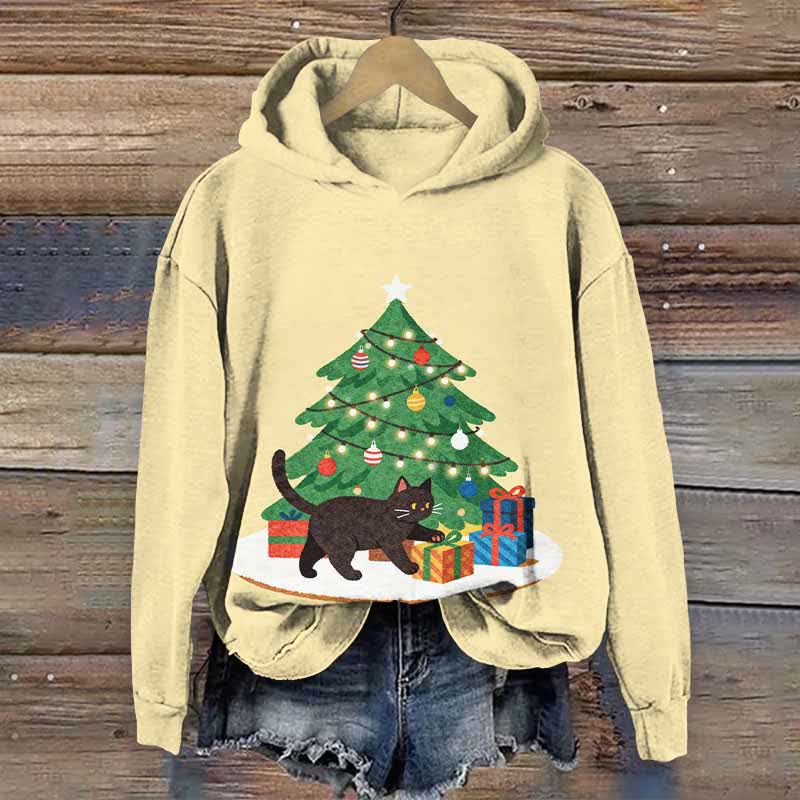 Christmas Tree Gifts & Black Cat Art Print Long Sleeve Hoodie - Apricot - US44-46(8XL) - image 5