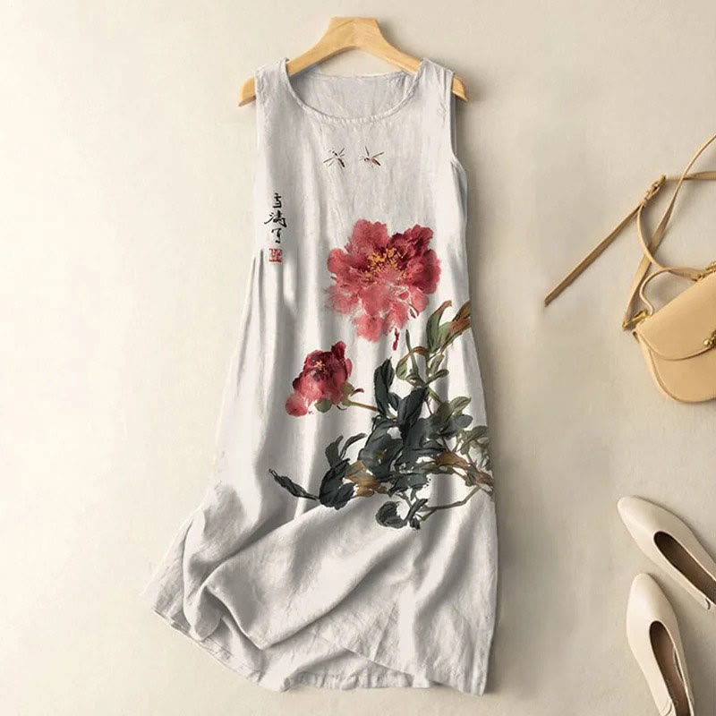 Vintage Japanese Ink Flower Calligraphy Art Print Sleeveless Midi Dress - Beige - 5XL - image 5