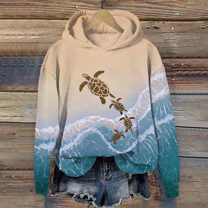 Ocean Turtle Climb Onto The Beach Print Long Sleeve Hoodie - Blue - US44-46(8XL) - image 2