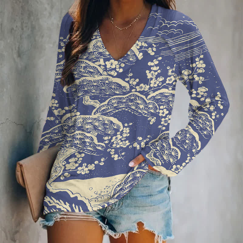 Japanese Art Plum Blossom Art Print Long Sleeve T-shirt - Blue - 5XL - image 3