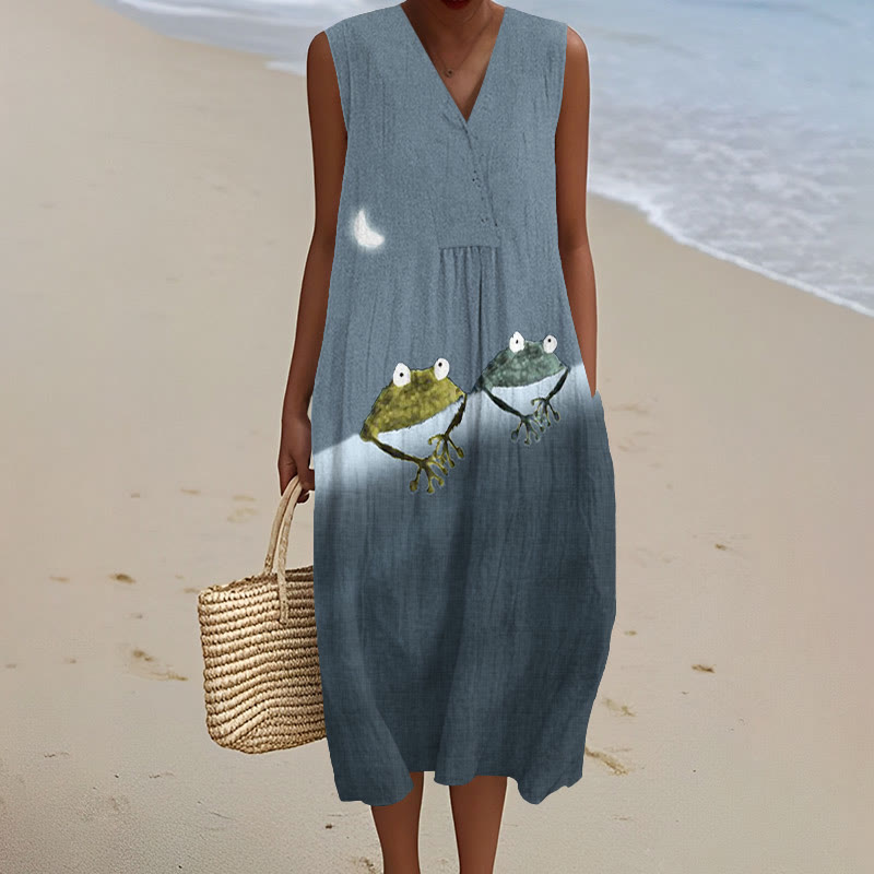 Simple Frog Color Block Art Print V-neck Sleeveless Dress - Light Blue - 5XL - image 2