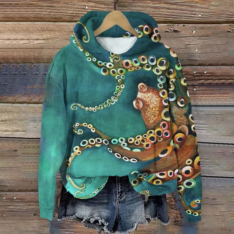 Japanese Style Cartoon Colorful Octopus Print Long Sleeve Hoodie - Green - 8XL - image 1