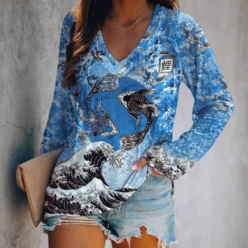 Japanese Koi Wave Print Casual V-neck Long Sleeve T-shirt