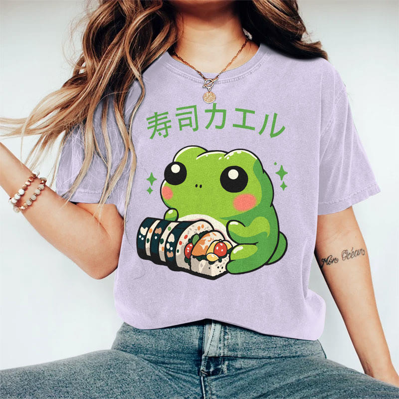 100% Cotton Women's Japanese Frog Eating Sushi Art Print Casual T-shirt - Purple - 2XL - image 3
