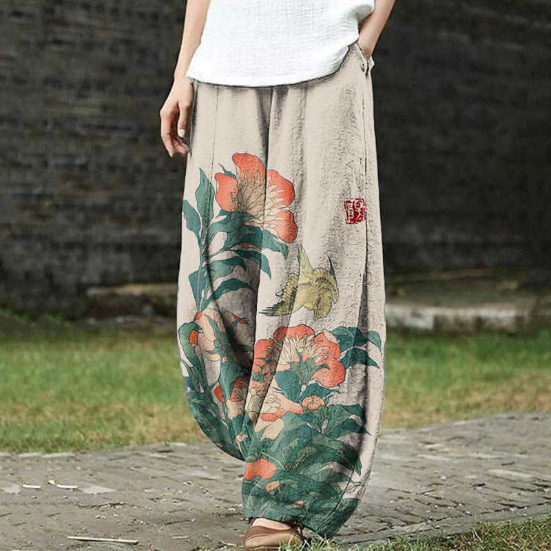 Flower Print Casual Pants - Apricot - 5XL - image 3