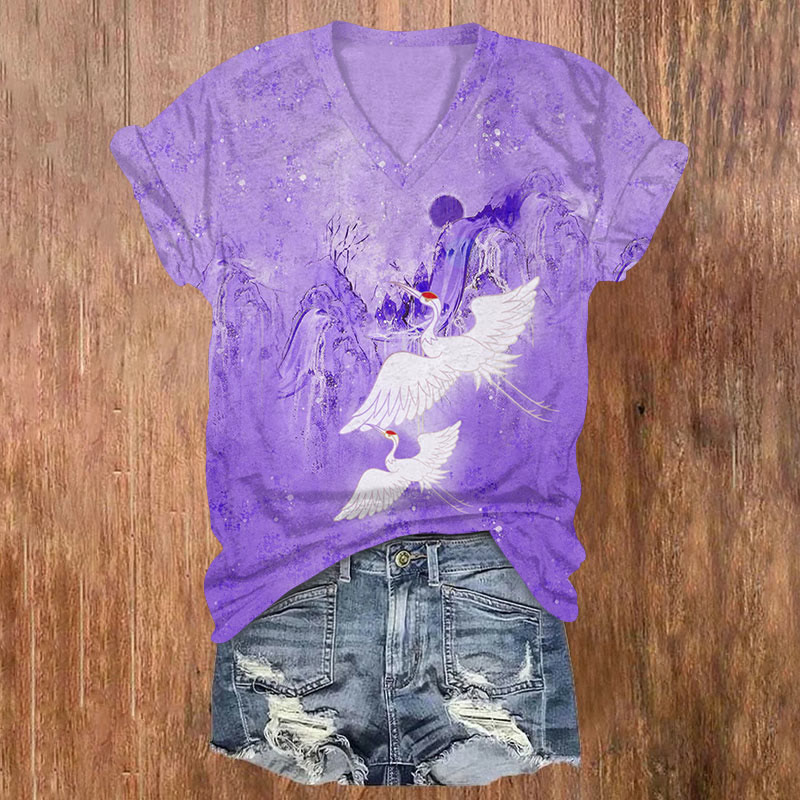  Japanese Cranes Flying Across Mountain Print V-neck T-shirt - Purple - US32-34(5XL) - image 3