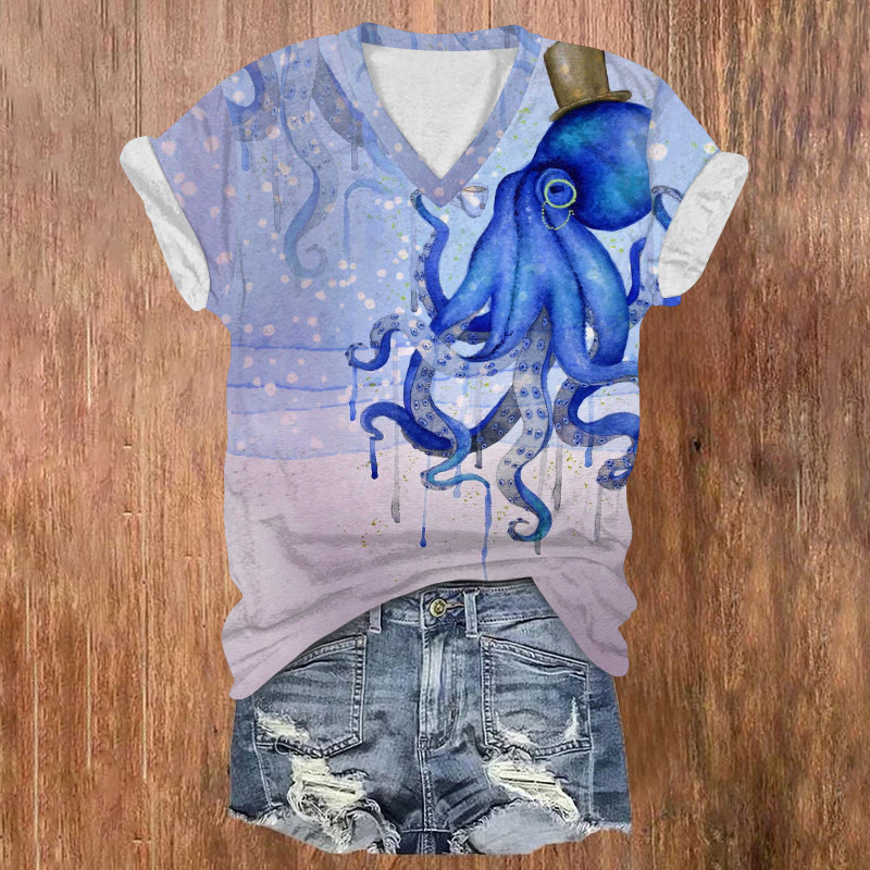 Ocean Gradient Gentleman Octopus Pattern Print Short Sleeved V-neck T-shirt - Blue - US32-34(5XL) - image 3
