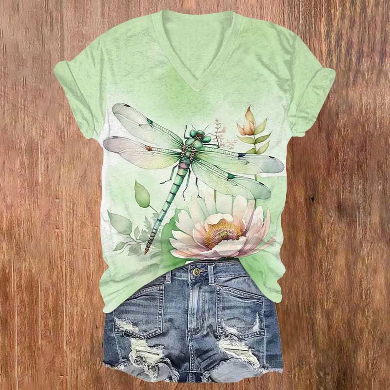 Japanese Vintage Dragonfly & Floral Art Print V-neck T-shirt - Green - US32-34(5XL) - image 3