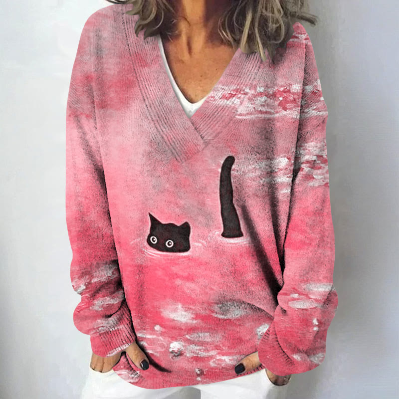 Women's Oil Painting Cat Print Causal V-neck Pullover Sweater - Pink - 4XL - image 3