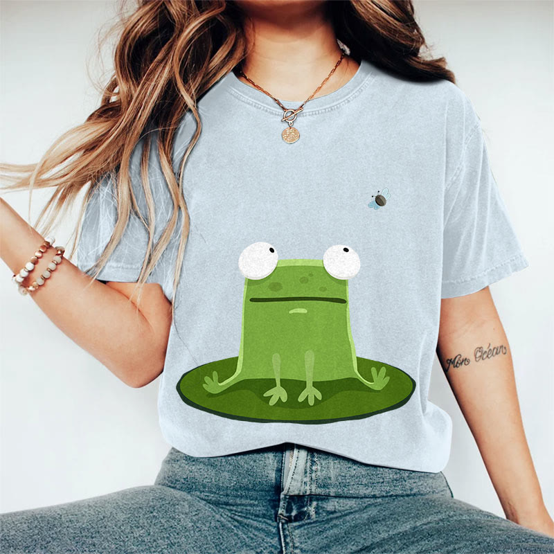 100% Cotton Women's Funny Frog On A Lily Pad Art Print Casual T-shirt - Blue - 2XL - image 8
