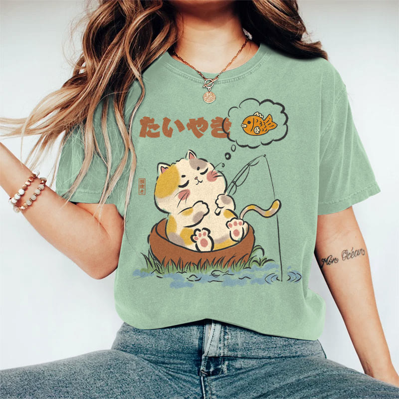 100% Cotton Women's Japanese Cat Fantasy Of Catching Fish Art Print Casual T-shirt - Green - 2XL - image 3