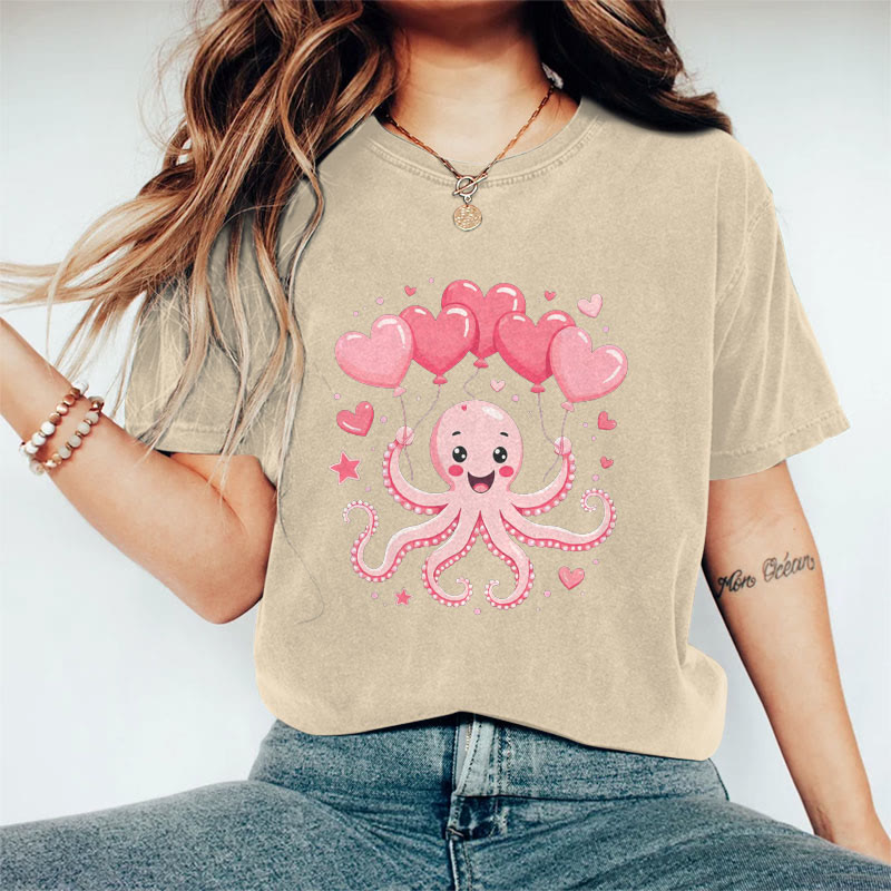 100% Cotton Valentine's Day Octopus Heart T-shirt - Apricot - 2XL - image 4