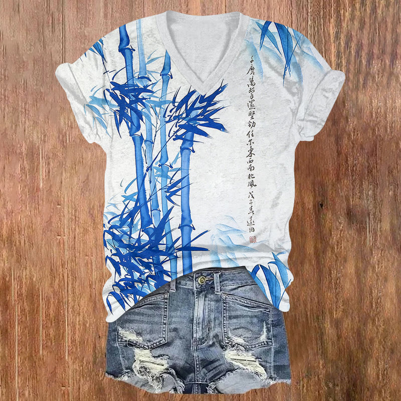 Vintage Zen Bamboo Ink Painting Pattern Print Short Sleeved V-neck T-shirt - Blue - US32-34(5XL) - image 3