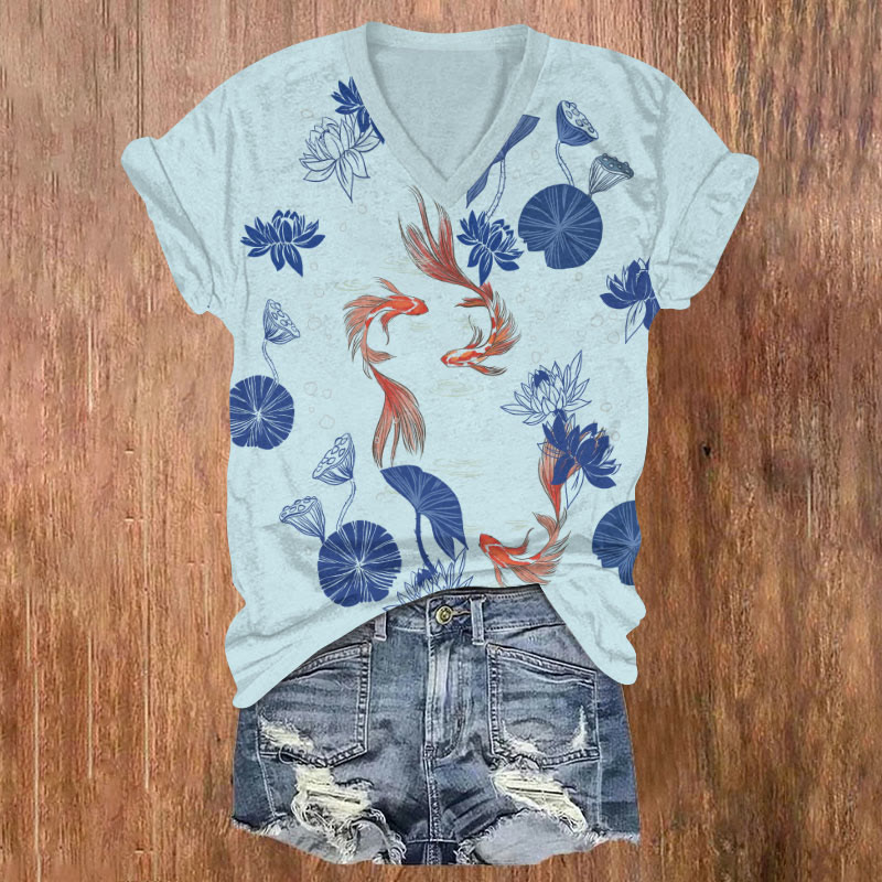  Retro Lovely Goldfish & Blue Lotus Pond Art T-shirt - Blue - US32-34(5XL) - image 2