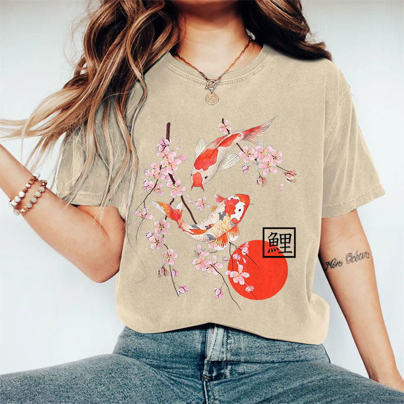 100% Cotton Women's Japanese Sakura Koi Carp Art Print Casual T-shirt - Khaki - 2XL - image 2