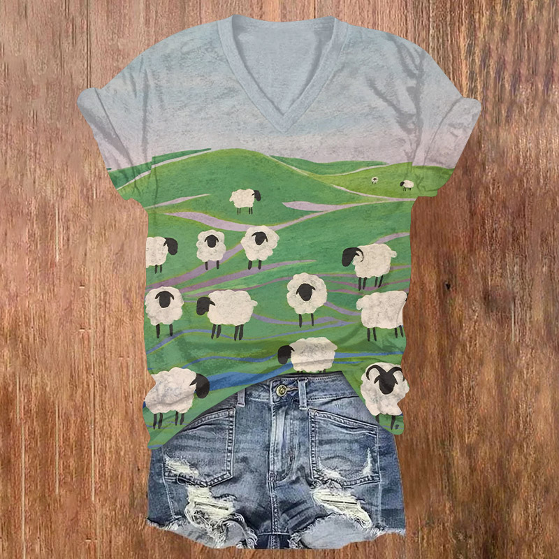 Lovely Sheep On The Grass Print Short Sleeved V-neck T-shirt - Green - US32-34(5XL) - image 1