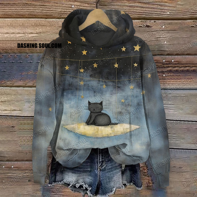 Starry Black Cat Print Hoodie