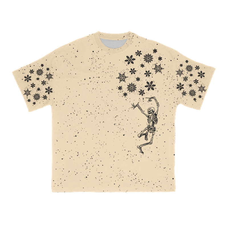 Unisex Dancing Skeleton Snowflake Christmas Print T-shirt - Apricot - 8XL - image 7