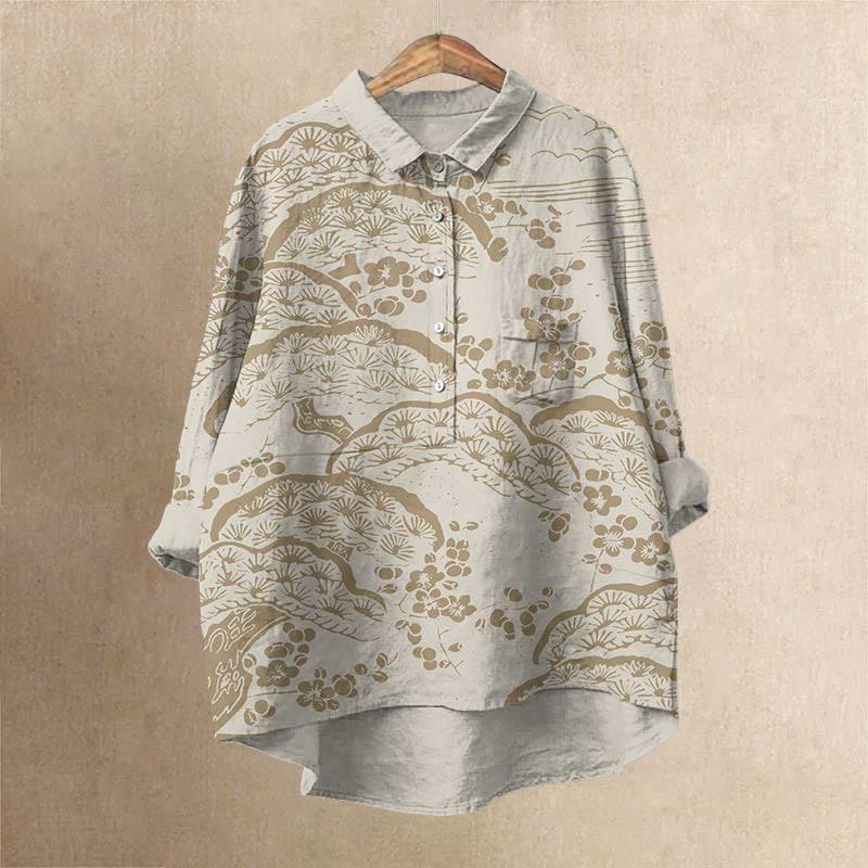 Women's Japanese Art Plum Blossom Print Casual Lapel Blouse