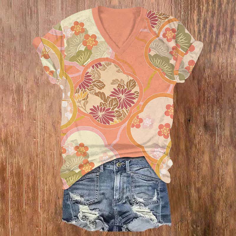 Japanese Geometric Sakura Pattern Art Print V-neck T-shirt - Orange - US32-34(5XL) - image 4