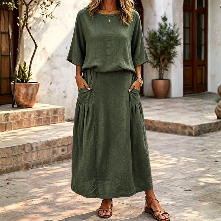 Elegant Solid Print 3/4 Sleeve Casual Blouse & Solid Pocket Skirt Set - Army Green - 4XL - image 11