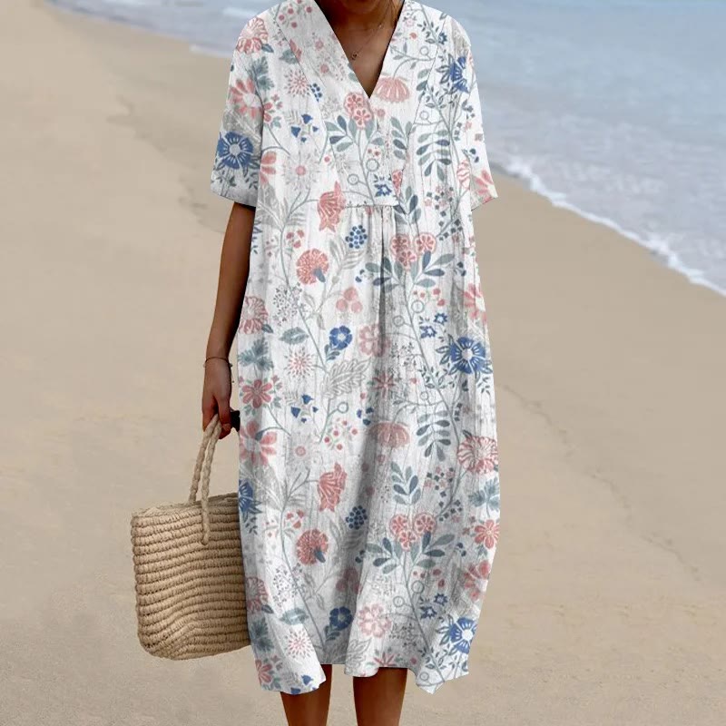 Women's Pastoral Floral Art Print Casual Midi Dress