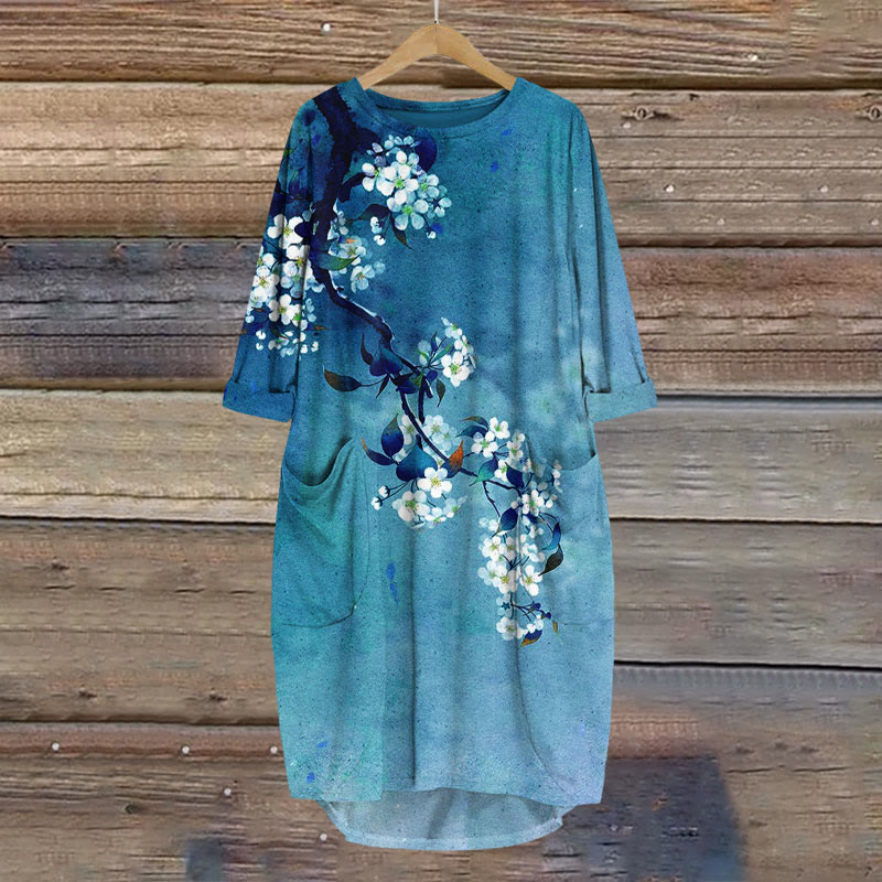 Japanese Antique Pear Blossom Ink Painting Print Crew Neck Dress - Blue - 8XL - image 2