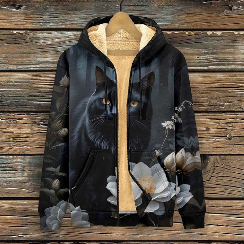 Women's Fantasy Camellia Blossom ＆ Black Cat Print Fleece Jacket - image 2