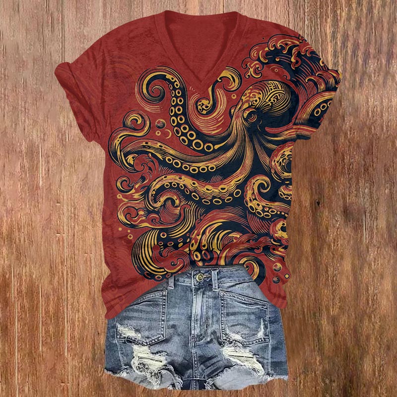 Contrasting Ink Watercolor Octopus Print V-neck T-shirt - Red - US32-34(5XL) - image 5