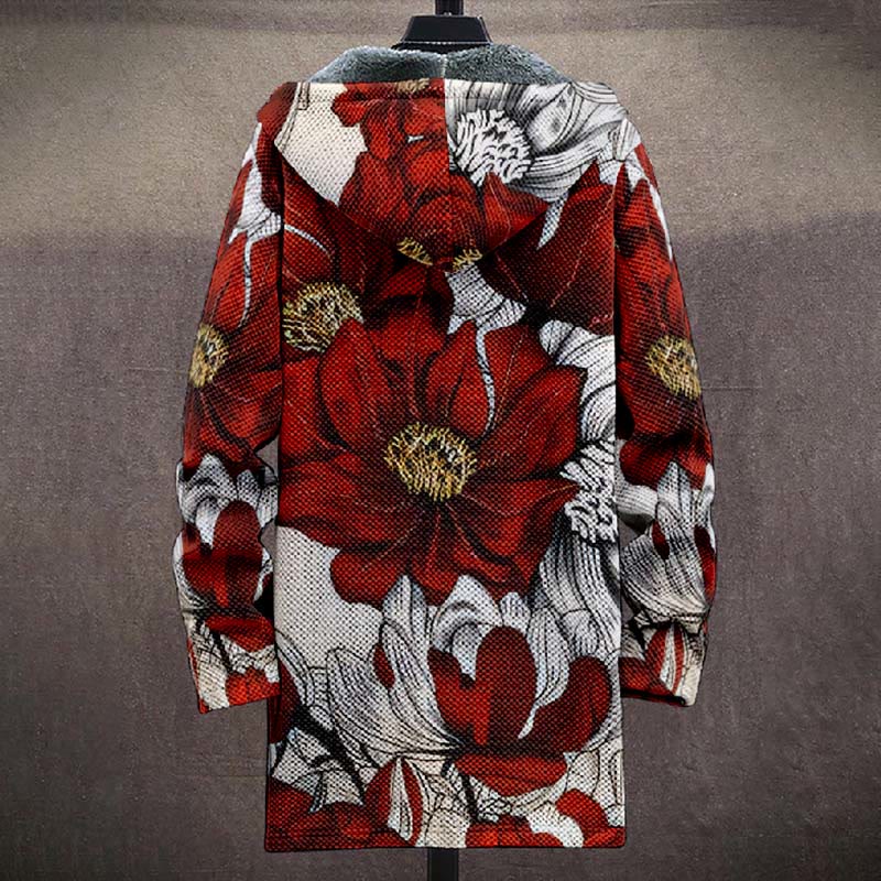 Retro Vivid Red Floral Art Print Unisex Plush Thick Long-sleeved Fleece Jacket Coat - image 3