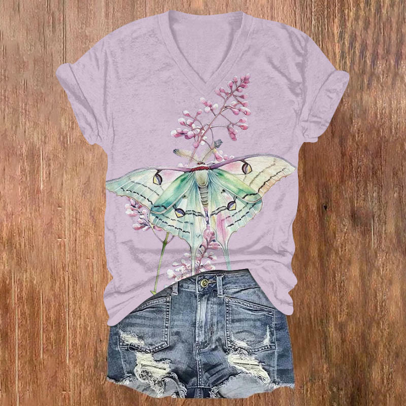 Fantasy Watercolor Butterfly Art Print V-neck T-shirt - Purple - US32-34(5XL) - image 2