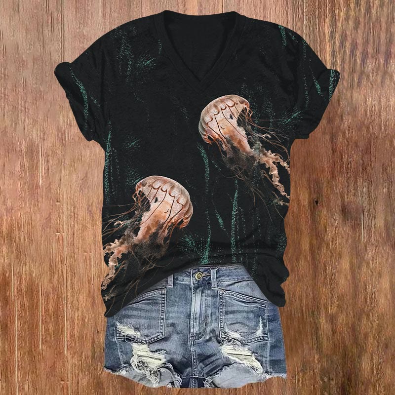 Watercolor Jellyfidh Print V-neck T-shirt - Black - US32-34(5XL) - image 2