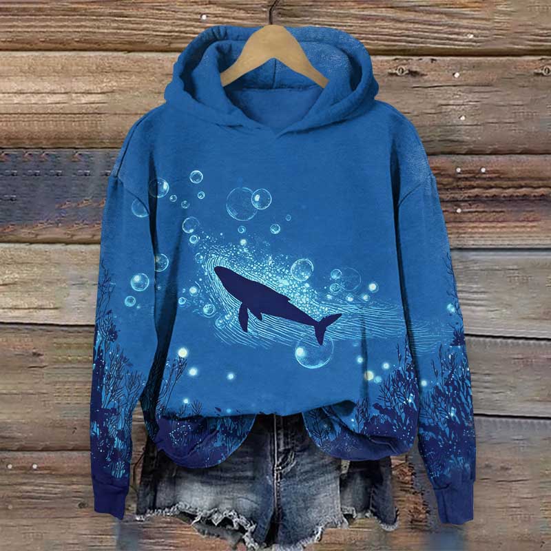 Vintage Abstract Bubble Whale Art Print Long Sleeve Hoodie - Blue - US44-46(8XL) - image 2