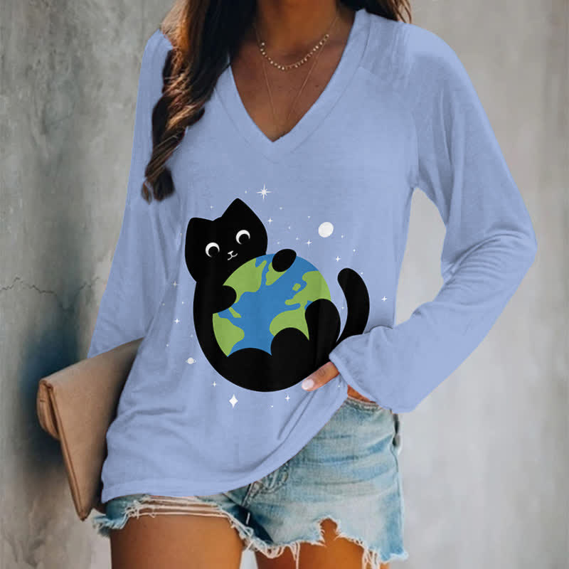 Japanese Lovely Black Cat Holding The Earth Art Print Long Sleeve T-shirt - Light Blue - 5XL - image 5