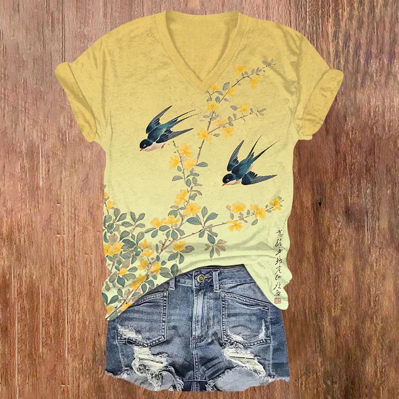 Japanese Spring Swallow & Floral Art Print V-neck T-shirt - Yellow - US32-34(5XL) - image 2