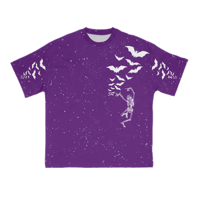 Unisex Dancing Skeleton Bats Halloween Print T-shirt - Purple - 8XL - image 8