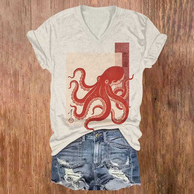 Japanese Cute Red Octopus Art Print V-neck T-shirt - White - US32-34(5XL) - image 4