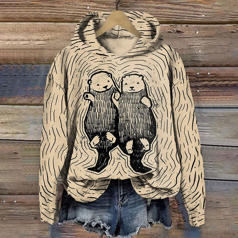 Cute Otter Line Art Print Long Sleeve Hoodie - Khaki - 8XL - image 1