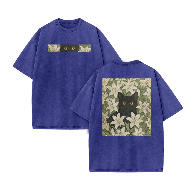 A Black Cat In A Field Of White Lilies Print Acid Washed T-shirt - Blue - US20-22(3XL) - image 9