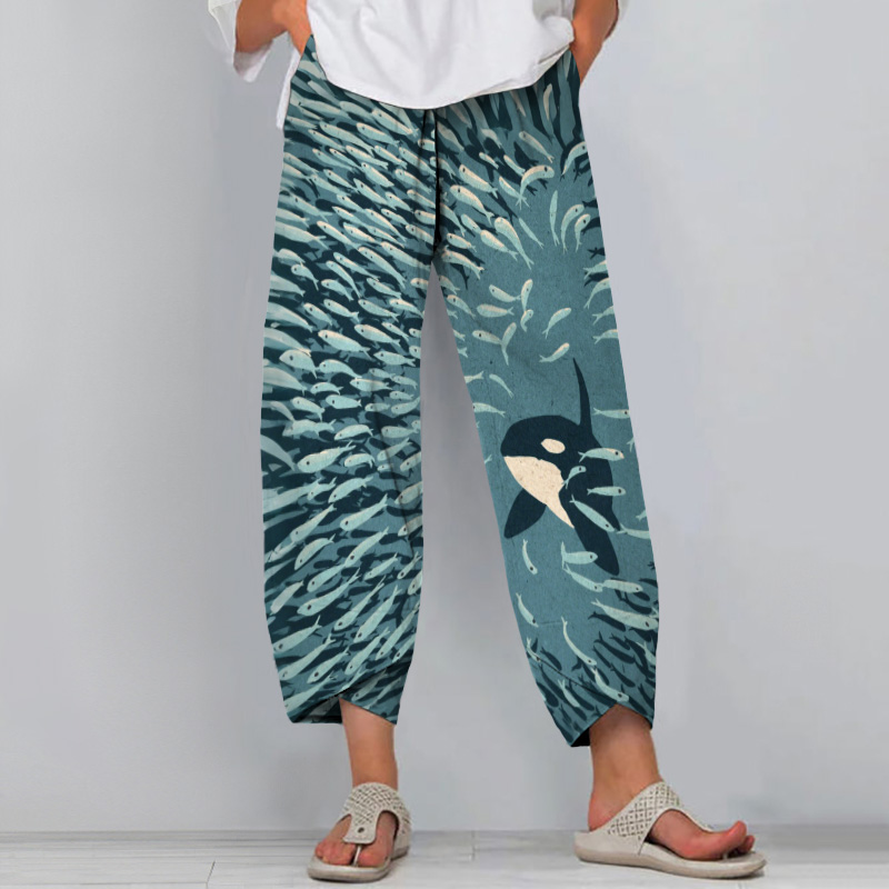 Orca And Herring Ball Art Print Drawstring Pocket Pants - Green - 8XL - image 1