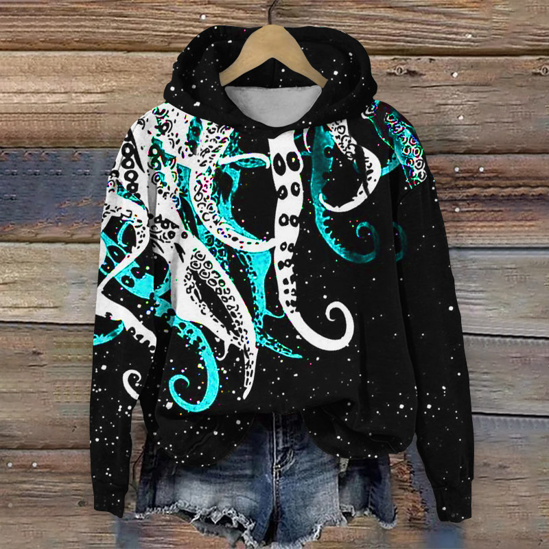  Octopus Creativity Print Long Sleeve Hoodie - Black - 8XL - image 1