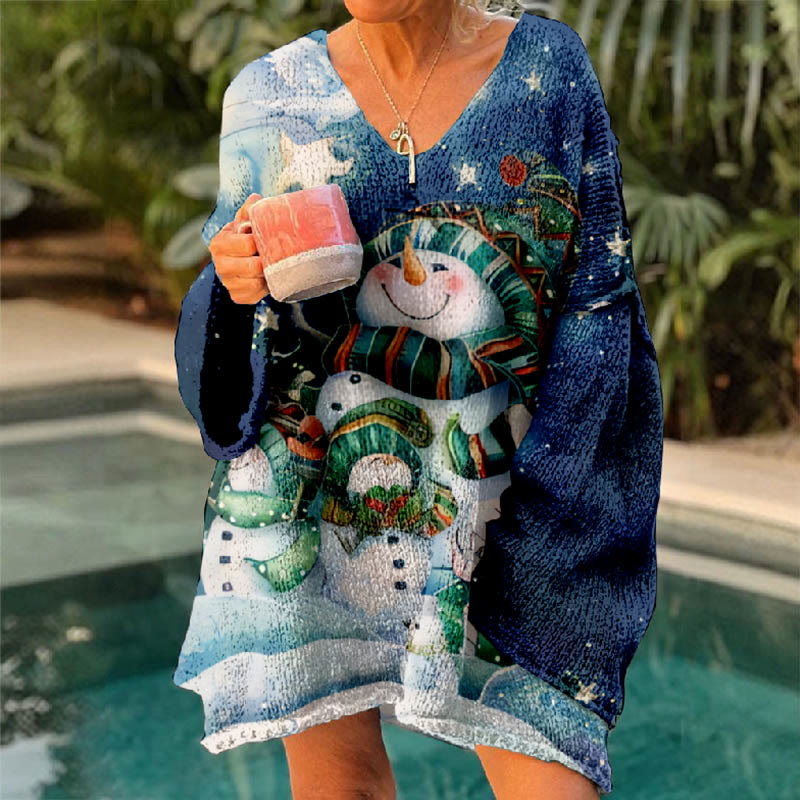 Christmas Outfit Mother And Baby Snowman Print V-neck Pullover Sweater - image 2